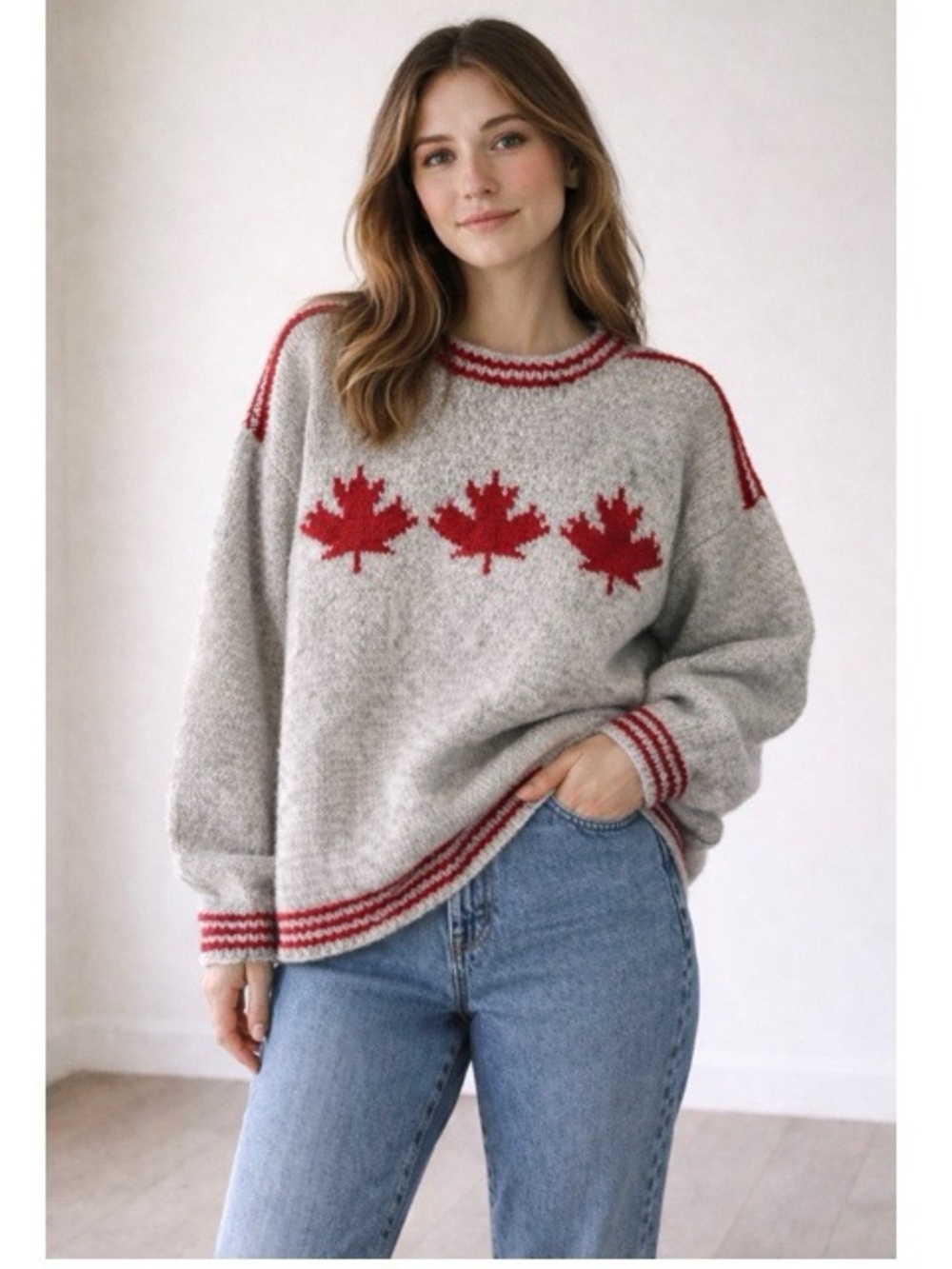 Vintage Hand Knit Wool Canada Maple Leaf Sweater | Oversized